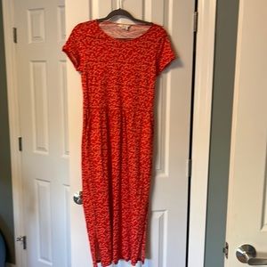 Red Boden midi dress with small floral print